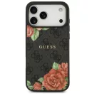 Guess Leather 4G Flowers Print Metal Classic Logo MagSafe Apple iPhone 17 Pro kemény hátlap tok, fekete