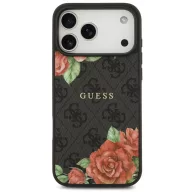  Guess Leather 4G Flowers Print Metal Classic Logo MagSafe Apple iPhone 17 Pro kemény hátlap tok, fekete