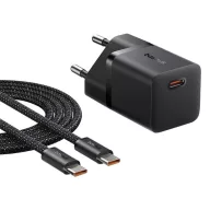   Baseus GaN5 Mini USB-C hálózati gyorstöltő adapter 25W, + USB-C-USB-C fonott kábel, 100W, fekete
