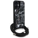 Karl Lagerfeld Crossbody Grained Pattern & Logo iPhone 16 műbőr hátlap tok vállpánttal, MagSafe, fekete