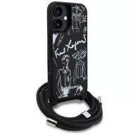   Karl Lagerfeld Crossbody Grained Pattern & Logo iPhone 16 műbőr hátlap tok vállpánttal, MagSafe, fekete