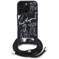   Karl Lagerfeld Crossbody Grained Pattern & Logo iPhone 16 Pro Max műbőr hátlap tok vállpánttal, MagSafe, fekete