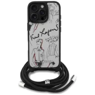   Karl Lagerfeld Crossbody Grained Pattern & Logo iPhone 16 Pro műbőr hátlap tok vállpánttal, MagSafe, szürke