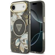   Guess IML Glitter Flowers Triangle Apple iPhone Air (2025) csillámos hátlap tok kameravédő peremmel, MagSafe, fekete-arany