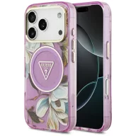   Guess IML Glitter Flowers Triangle Apple iPhone 17 Pro Max csillámos hátlap tok kameravédő peremmel, MagSafe, lila-arany