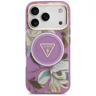   Guess IML Glitter Flowers Triangle Apple iPhone 17 Pro Max csillámos hátlap tok kameravédő peremmel, MagSafe, lila-arany