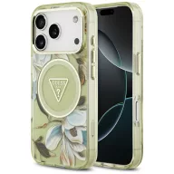   Guess IML Glitter Flowers Triangle Apple iPhone 17 Pro Max csillámos hátlap tok kameravédő peremmel, MagSafe, zöld-arany