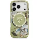 Guess IML Glitter Flowers Triangle Apple iPhone 17 Pro Max csillámos hátlap tok kameravédő peremmel, MagSafe, zöld-arany