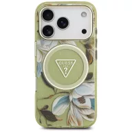   Guess IML Glitter Flowers Triangle Apple iPhone 17 Pro Max csillámos hátlap tok kameravédő peremmel, MagSafe, zöld-arany