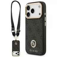   Guess 4G Strass Logo & Big Strap Metal Buttons Apple iPhone 17 Pro hátlap tok univerzális pánttal, MagSafe, fekete-arany