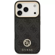   Guess 4G Strass Logo & Big Strap Metal Buttons Apple iPhone 17 Pro hátlap tok univerzális pánttal, MagSafe, fekete-arany