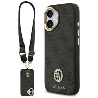   Guess 4G Strass Logo & Big Strap Metal Buttons Apple iPhone 17 hátlap tok univerzális pánttal, MagSafe, fekete-arany