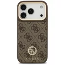 Guess 4G Strass Logo & Big Strap Metal Buttons Apple iPhone 17 Pro hátlap tok univerzális pánttal, MagSafe, barna-arany