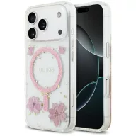  Guess Resin Flowers Glitter Apple iPhone 17 Pro csillámos hátlap tok kameravédő peremmel, MagSafe, rózsaszín