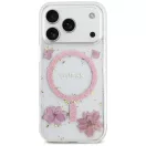 Guess Resin Flowers Glitter Apple iPhone 17 Pro csillámos hátlap tok kameravédő peremmel, MagSafe, rózsaszín