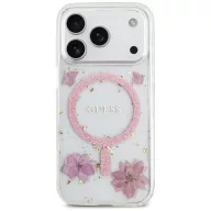   Guess Resin Flowers Glitter Apple iPhone 17 Pro csillámos hátlap tok kameravédő peremmel, MagSafe, rózsaszín