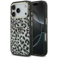   Guess Leopard Glitter Apple iPhone 17 Pro csillámos hátlap tok kameravédő peremmel, MagSafe, fekete