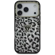   Guess Leopard Glitter Apple iPhone 17 Pro csillámos hátlap tok kameravédő peremmel, MagSafe, fekete