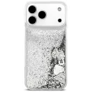 Guess Liquid Glitter Charms Apple iPhone 17 Pro csillámos hátlap tok kameravédő peremmel, ezüst