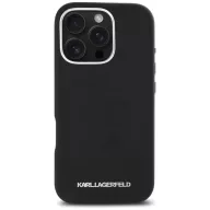   Karl Lagerfeld Saffiano Full Wrapped Elongated Metal Logo iPhone 16 Pro hátlap tok kameravédelemmel, MagSafe, fekete