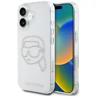  Karl Lagerfeld IML Rhinestones Karl Head iPhone 16 hátlap tok kameravédelemmel, átlátszó