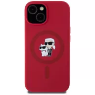   Karl Lagerfeld Silicone Karl&Choupette Heads Ring iPhone 15 hátlap tok kameravédelemmel, MagSafe, piros