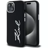   Karl Lagerfeld Silicone Metal Script Logo iPhone 15 hátlap tok kameravédelemmel, fekete