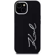   Karl Lagerfeld Silicone Metal Script Logo iPhone 15 hátlap tok kameravédelemmel, fekete