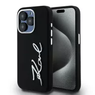   Karl Lagerfeld Silicone Metal Script Logo iPhone 15 Pro Max hátlap tok kameravédelemmel, fekete