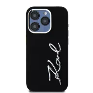   Karl Lagerfeld Silicone Metal Script Logo iPhone 15 Pro Max hátlap tok kameravédelemmel, fekete