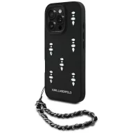   Karl Lagerfeld Saffiano Crystals iPhone 16 Pro hátlap tok karlánccal, fekete