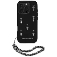   Karl Lagerfeld Saffiano Crystals iPhone 16 Pro hátlap tok karlánccal, fekete