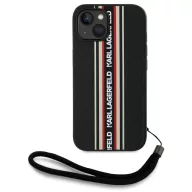   Karl Lagerfeld Saffiano Athleisure Stripes Cord iPhone 15 hátlap tok csuklópánttal, fekete-piros