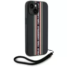 Karl Lagerfeld Saffiano Athleisure Stripes Cord iPhone 15 hátlap tok csuklópánttal, fekete-piros