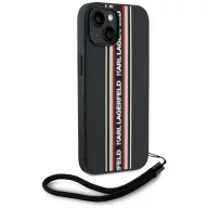   Karl Lagerfeld Saffiano Athleisure Stripes Cord iPhone 15 Pro hátlap tok csuklópánttal, fekete-piros