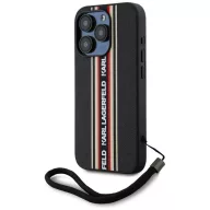   Karl Lagerfeld Saffiano Athleisure Stripes Cord iPhone 15 Pro Max hátlap tok csuklópánttal, fekete-piros