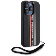   Karl Lagerfeld Saffiano Athleisure Stripes Cord iPhone 15 Pro Max hátlap tok csuklópánttal, fekete-piros