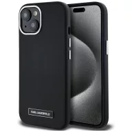   Karl Lagerfeld FW Metal Plate iPhone 15 hátlap tok kameravédelemmel, MagSafe, fekete-ezüst