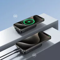   Joyroom JR-W020 Powerbank / külső akkumulátor, USB-A port, USB-C port, MagSafe kompatibilis, USB-C-USB-C, 0.25m kábellel, 10000mAh, 20W, fekete