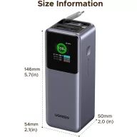   Ugreen PB726 Powerbank / külső akkumulátor, USB-A-2xUSB-C, 20000mAh, 165W, QC+PD, szürke