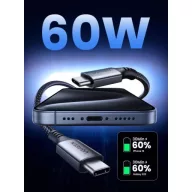   Ugreen US567 USB-C-USB-C töltő-és adatkábel, Nylon, 60W, 3A, 1m, fekete