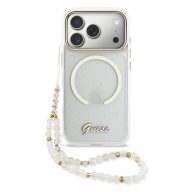   Guess IML Glitter Script Strap Apple iPhone 17 Pro csillámos hátlap tok karpánttal, MagSafe, átlátszó-arany
