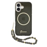   Guess IML Glitter Script Strap Apple iPhone 17 csillámos hátlap tok karpánttal, MagSafe, fekete-arany