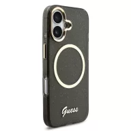   Guess IML Glitter Script Strap Apple iPhone 17 csillámos hátlap tok karpánttal, MagSafe, fekete-arany