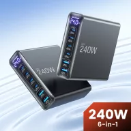   Tech-Protect DC240W 6 portos asztali töltő adapter, USB-C-USB-A, GaN, PD, QC3.0, 240W, fekete