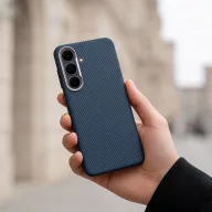   Kevlar Samsung Galaxy S26 Ultra MagSafe tok kameravédő peremmel, kék-ezüst