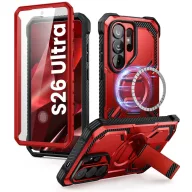   Supcase ArmorBox Samsung Galaxy S26 Ultra ütésálló tok, kijelző védelemmel, kitámasztóval, MagSafe, piros