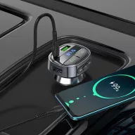   Hoco E70 bluetooth FM transmitter / autós töltő, USB-A-USB-C, digitális kijelző, PD, QC3.0, 5A, 30W, fekete