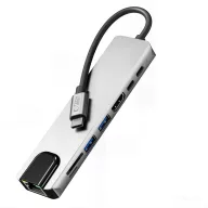   Tech-Protect HB09 Hub adapter USB-C-USB-A-HDMI 4k 60hz, SD/TF, PD100W, RJ45 1000MB/S. ezüst