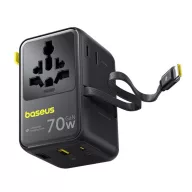   Baseus EnerCore CG11 világutazó adapter / nemzetközi hálózati adapter 70W, 1×AC + 2×USB-A + 1×USB-C + 1×USB-C automata behúzós kábel, fekete (US / UK)